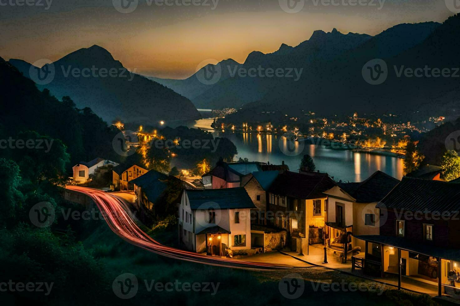 un pueblo a noche con luces en el la carretera. generado por ai foto