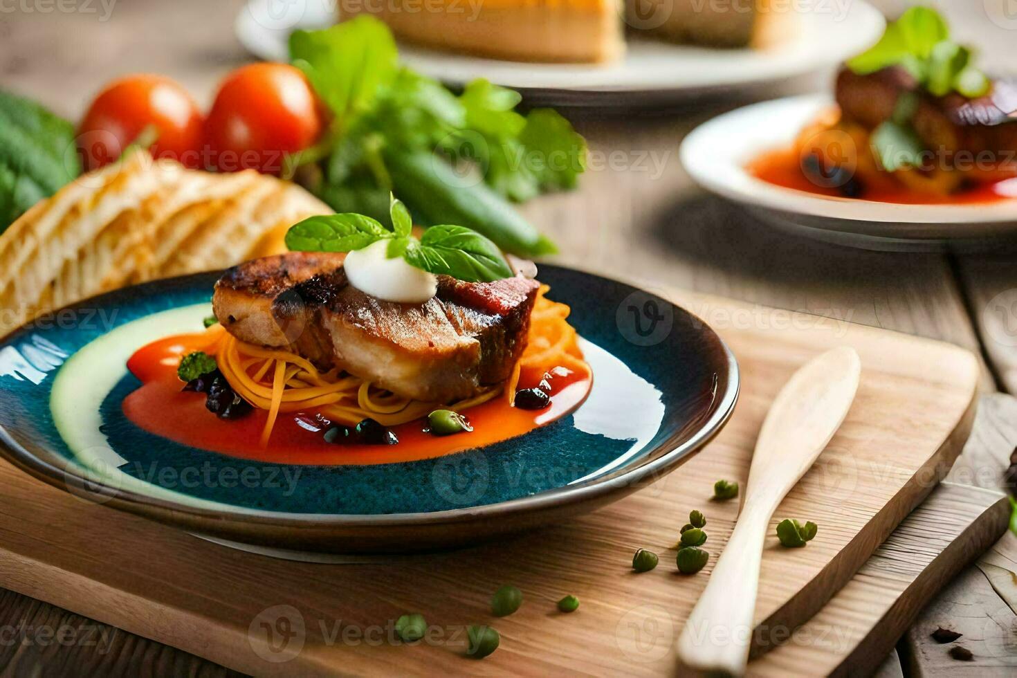 a plate of food with meat and vegetables. AI-Generated photo