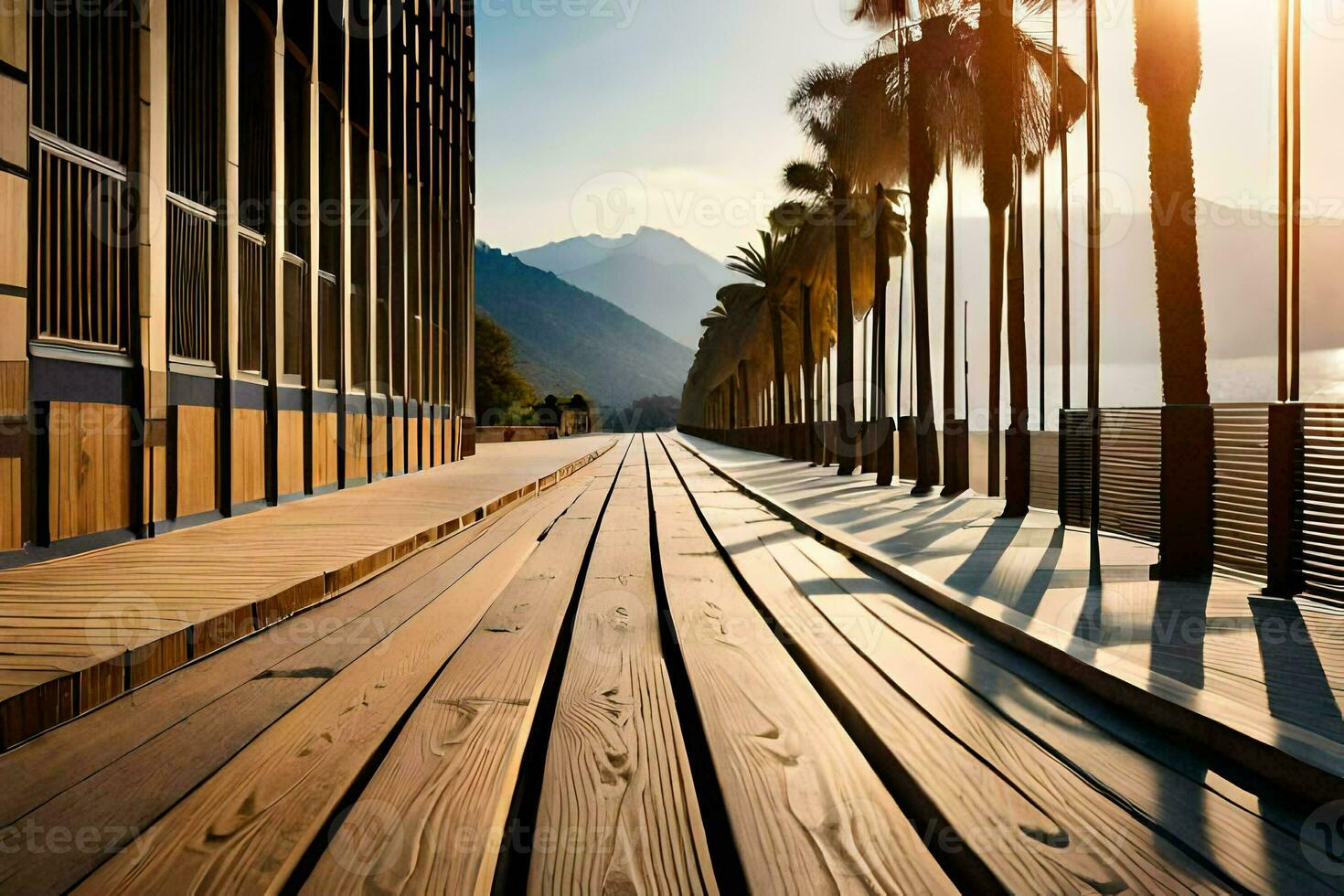 a long wooden walkway with palm trees in the background. AI-Generated photo