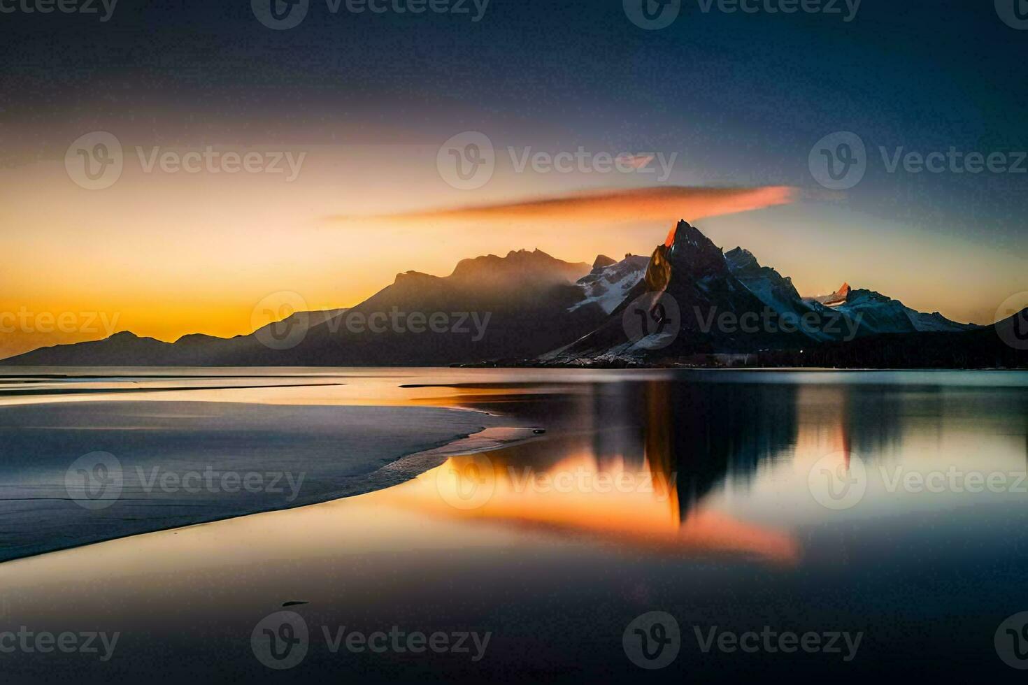the mountains are reflected in the water at sunset. AI-Generated photo