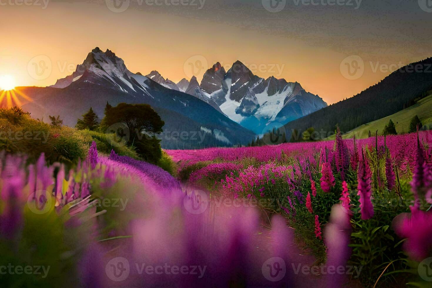 the sun rises over a field of purple flowers and mountains. AI-Generated photo