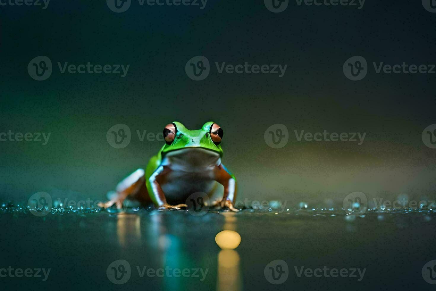 a frog sitting on the ground with water droplets. AI-Generated photo