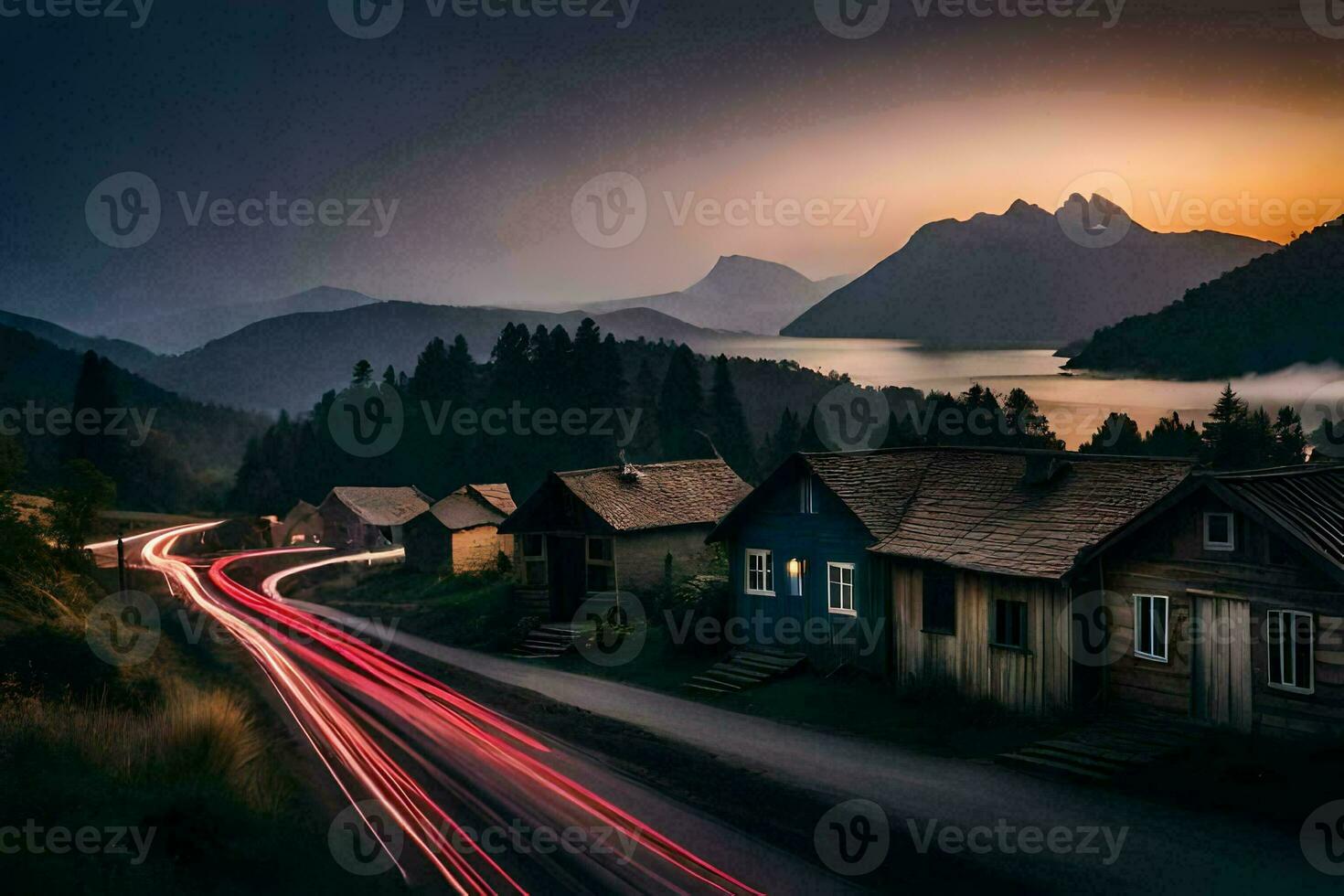 a long exposure photograph of a road and houses in the mountains. AI-Generated photo