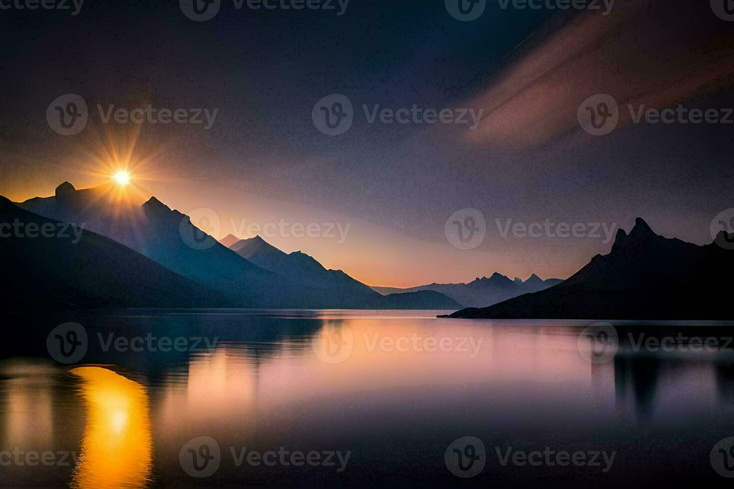 the sun rises over a mountain range and lake. AI-Generated photo