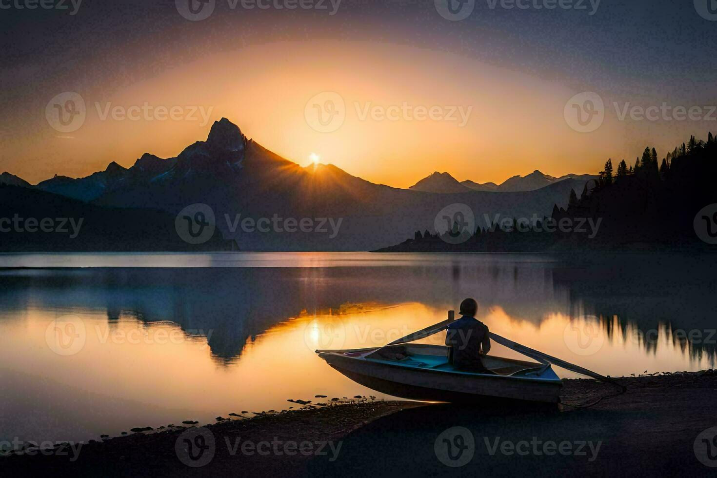 un hombre se sienta en un barco en el apuntalar de un lago a puesta de sol. generado por ai foto