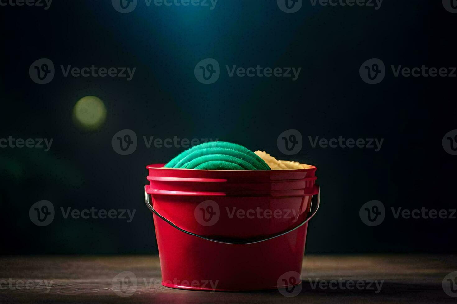 a red bucket with a green cookie in it. AI-Generated photo