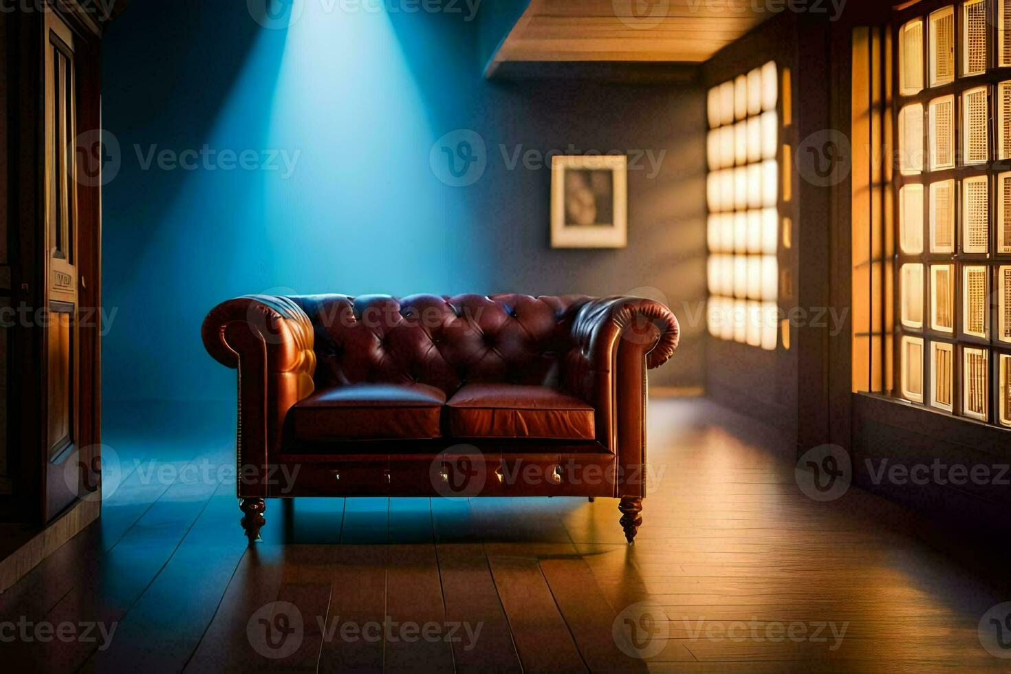 a chair in a dark room with a light shining on it. AI-Generated photo