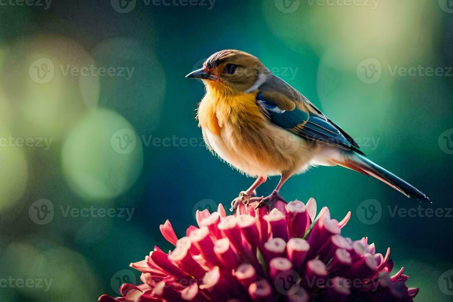 a bird is perched on top of a flower. AI-Generated photo