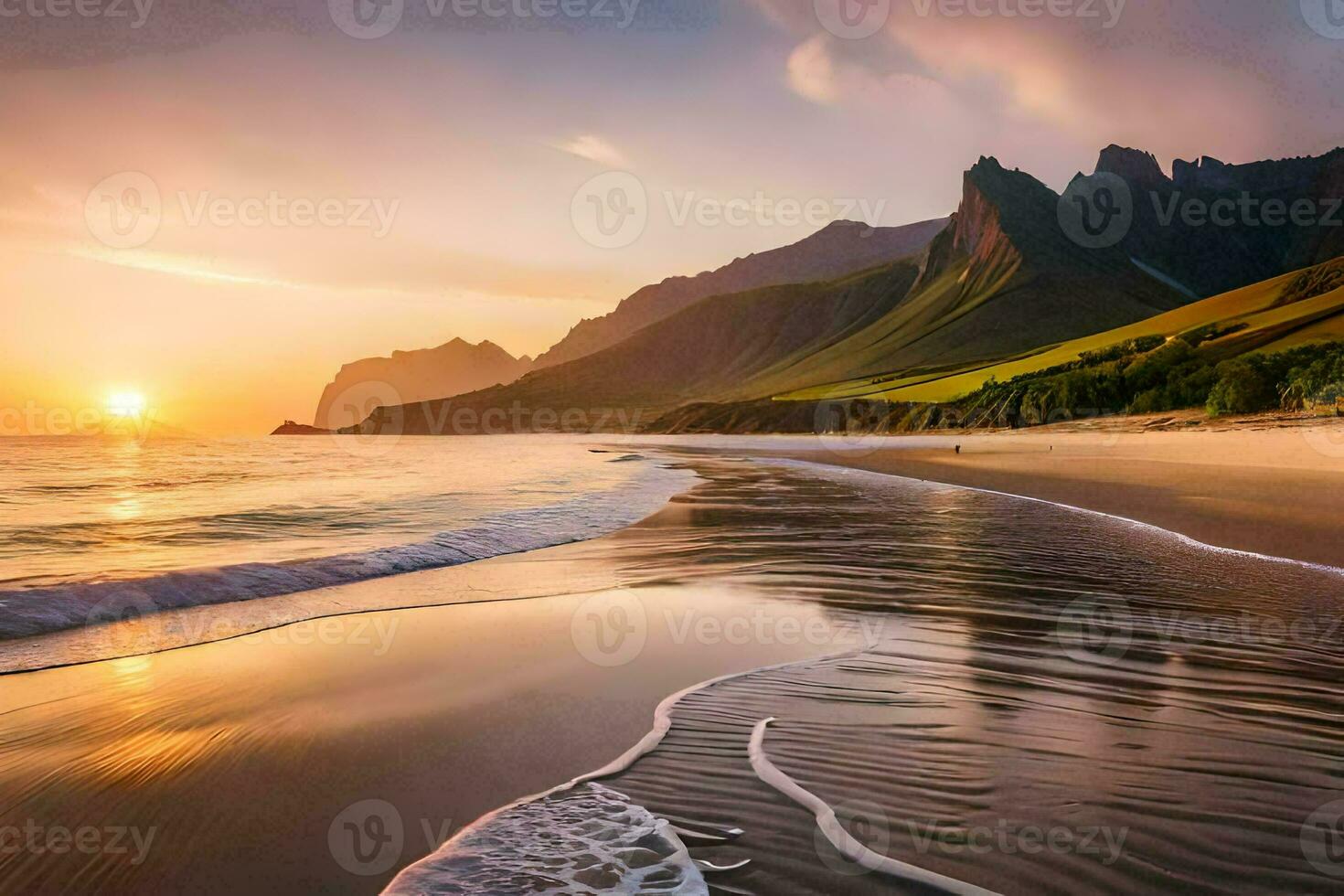 the sun rises over the mountains and the beach in this beautiful photo. AI-Generated photo