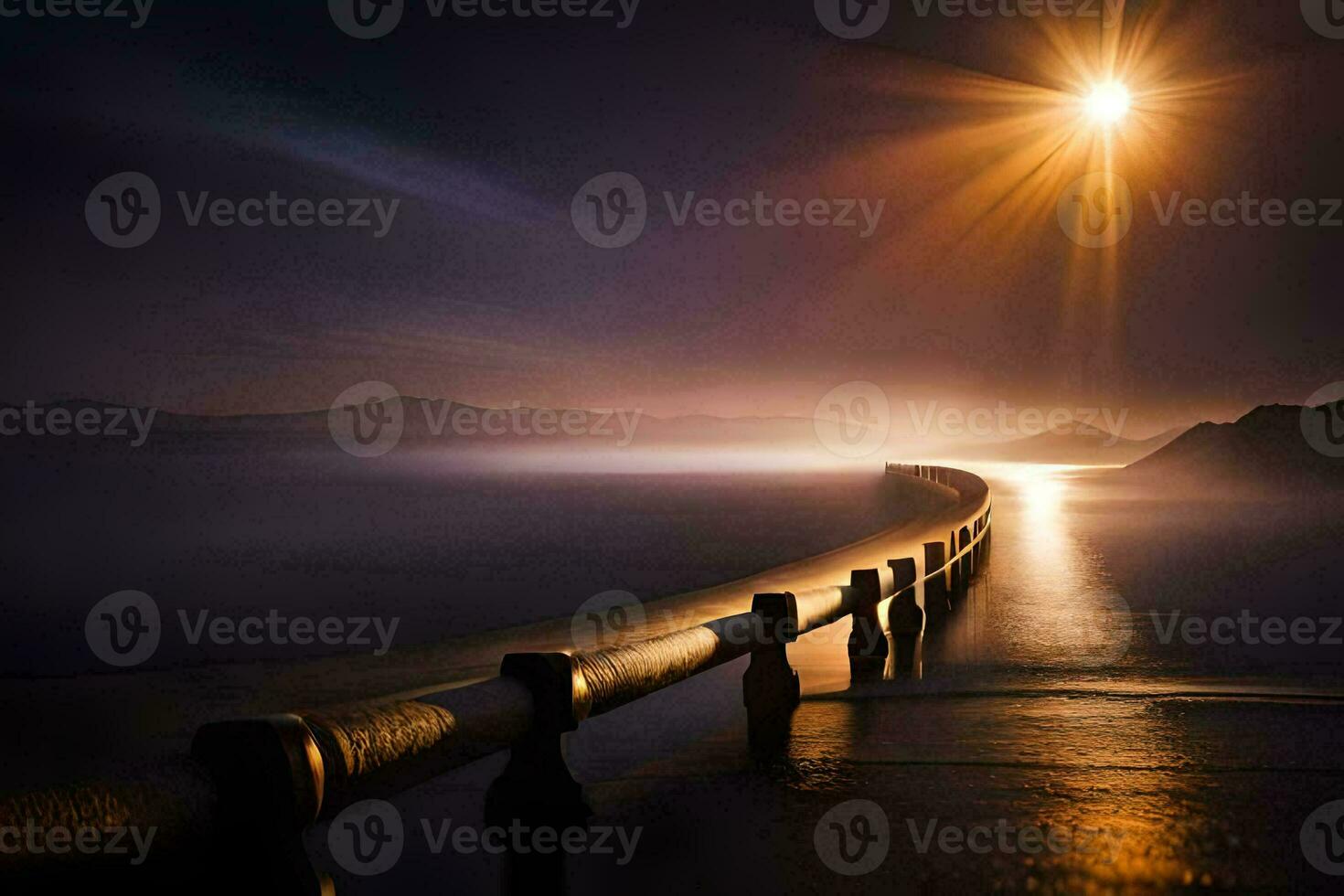 a long pier with a sun shining over it. AI-Generated photo