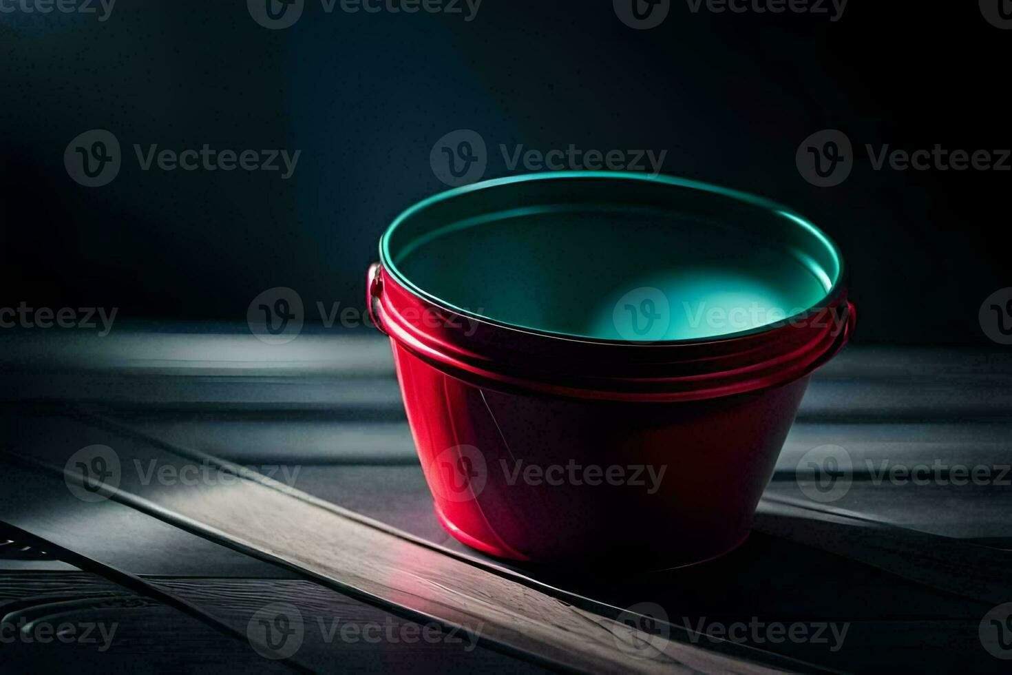 a red bucket sitting on a wooden table. AI-Generated photo