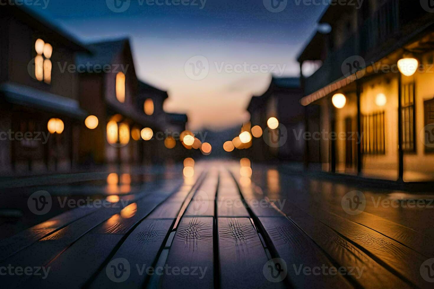 a long wooden walkway in the middle of a town. AI-Generated photo