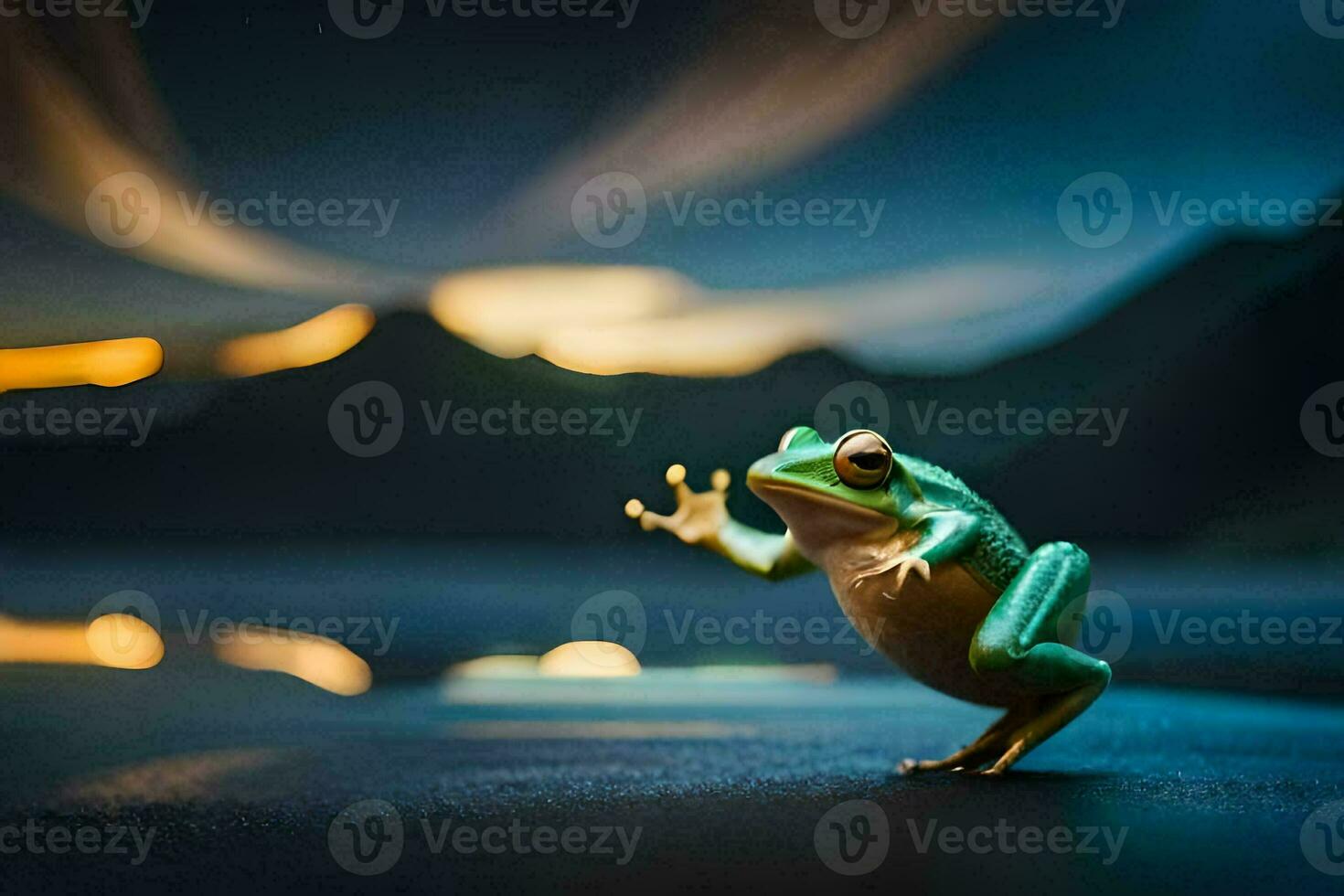 un rana en pie en sus posterior piernas en frente de un lago. generado por ai foto
