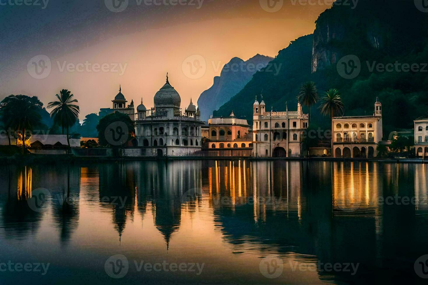 a beautiful sunset over a lake with a castle in the background. AI-Generated photo