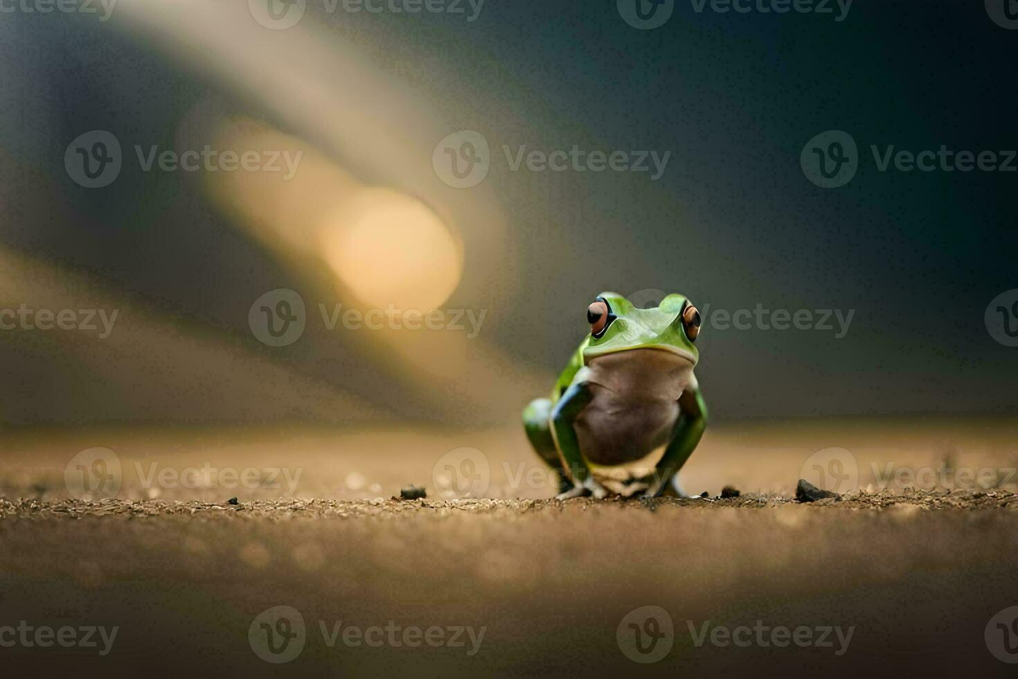 a frog is standing on the ground in front of a blurry background. AI-Generated photo