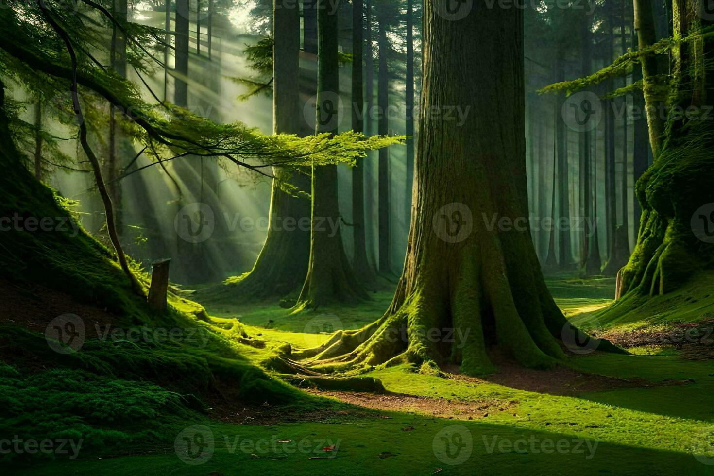 un bosque con arboles y césped. generado por ai foto