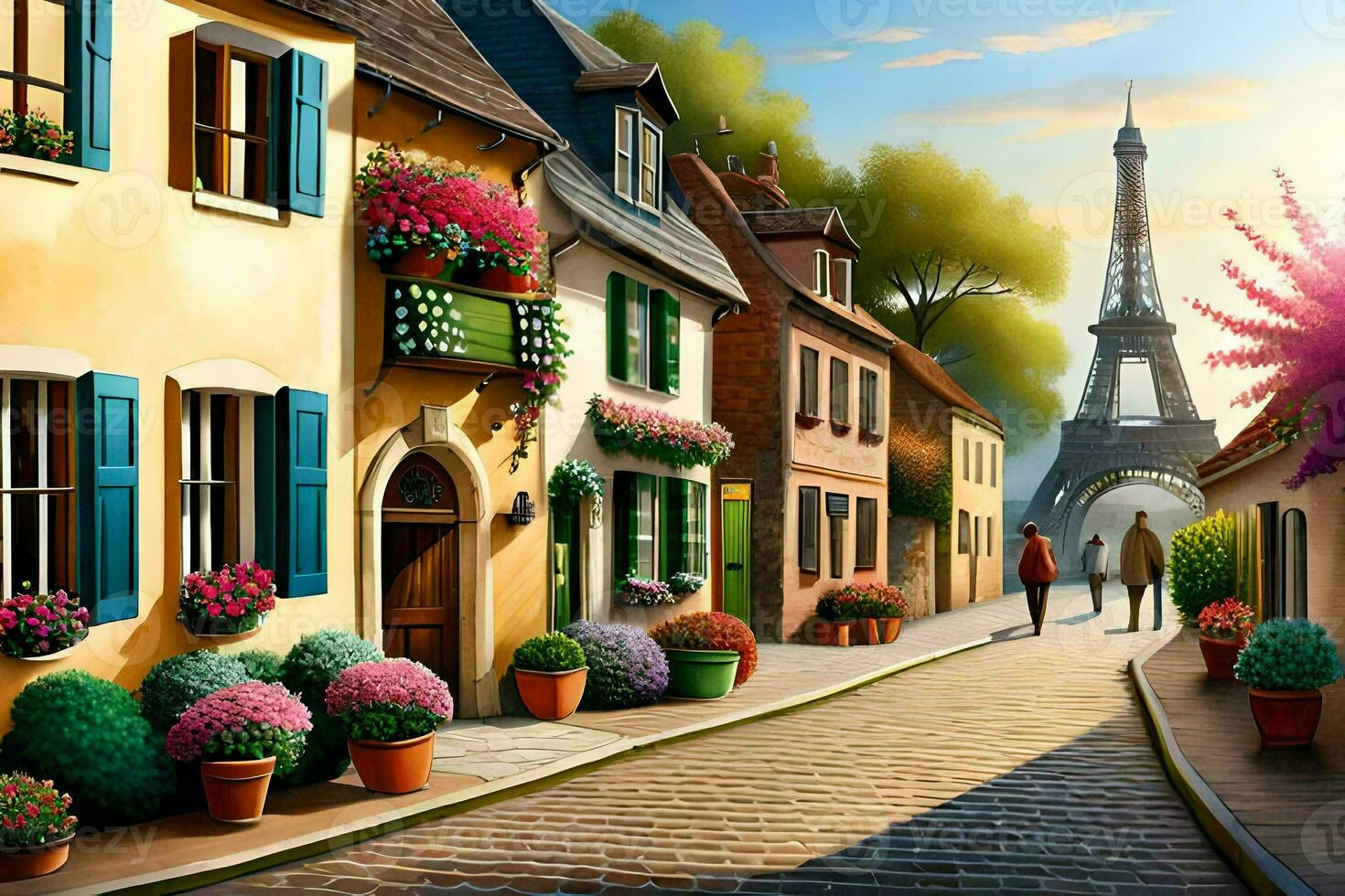 a street with flowers and a tower in the background. AI-Generated photo