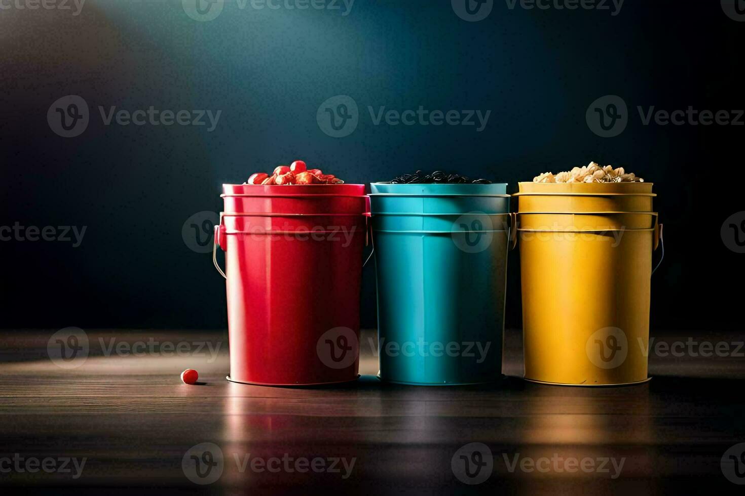 three buckets of popcorn on a wooden table. AI-Generated photo