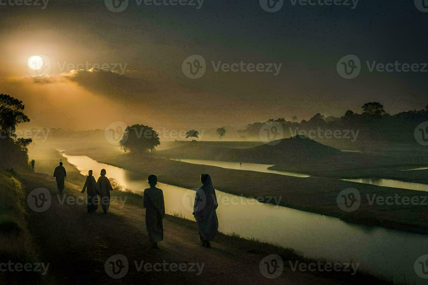 people walking along a river at sunrise. AI-Generated photo