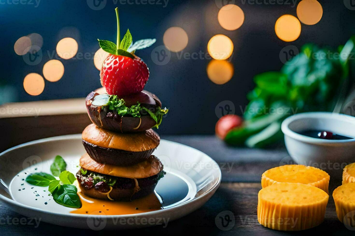 a stack of food on a plate with strawberries. AI-Generated photo