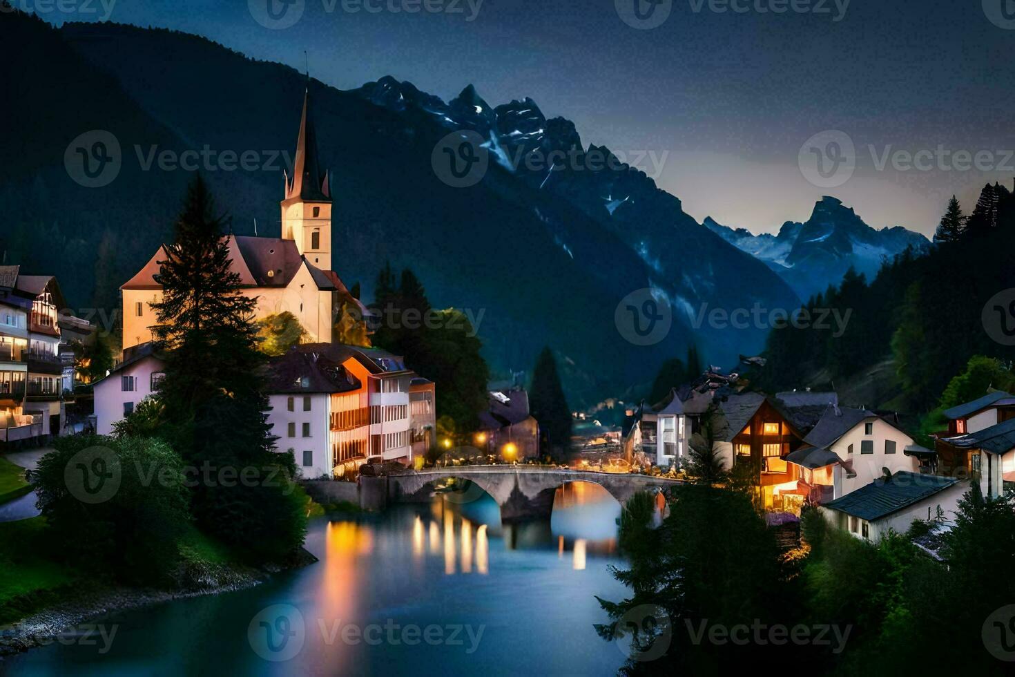 photo wallpaper the sky, mountains, river, town, church, bridge, church, church,. AI-Generated