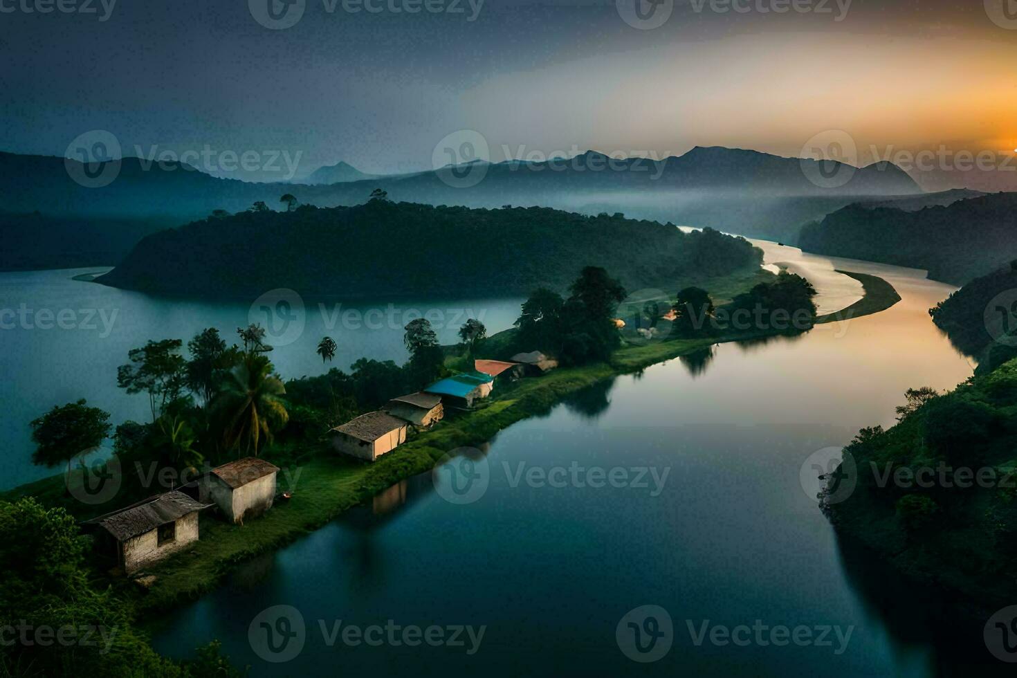 the sun sets over a river and small houses. AI-Generated photo