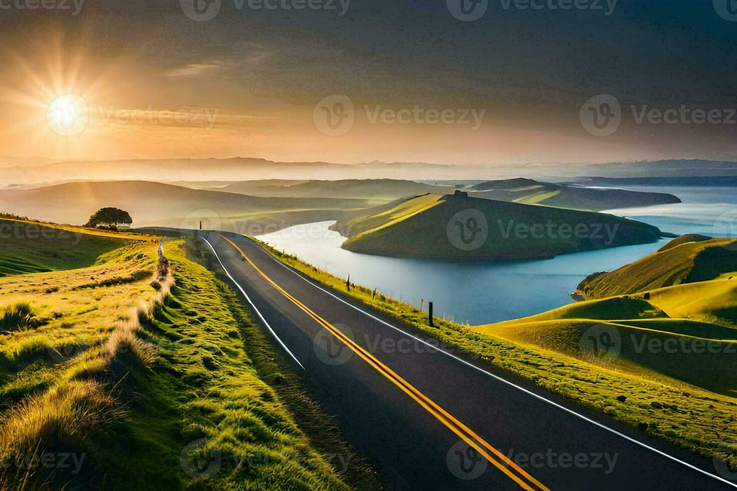 the road to the sunset. AI-Generated photo