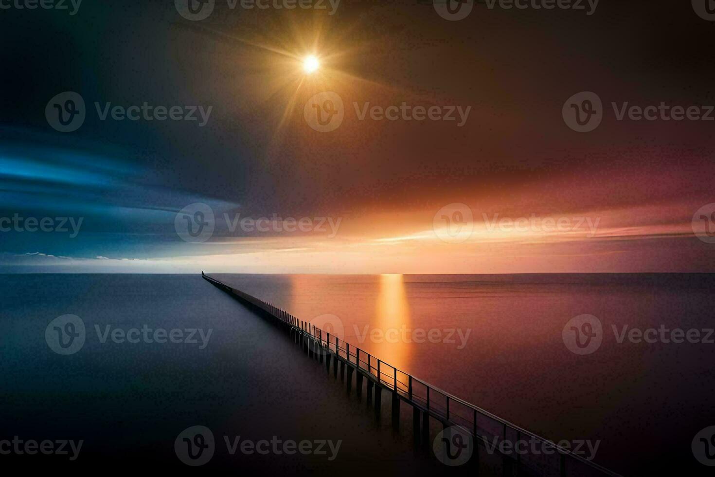 a pier with a sun shining over it. AI-Generated photo