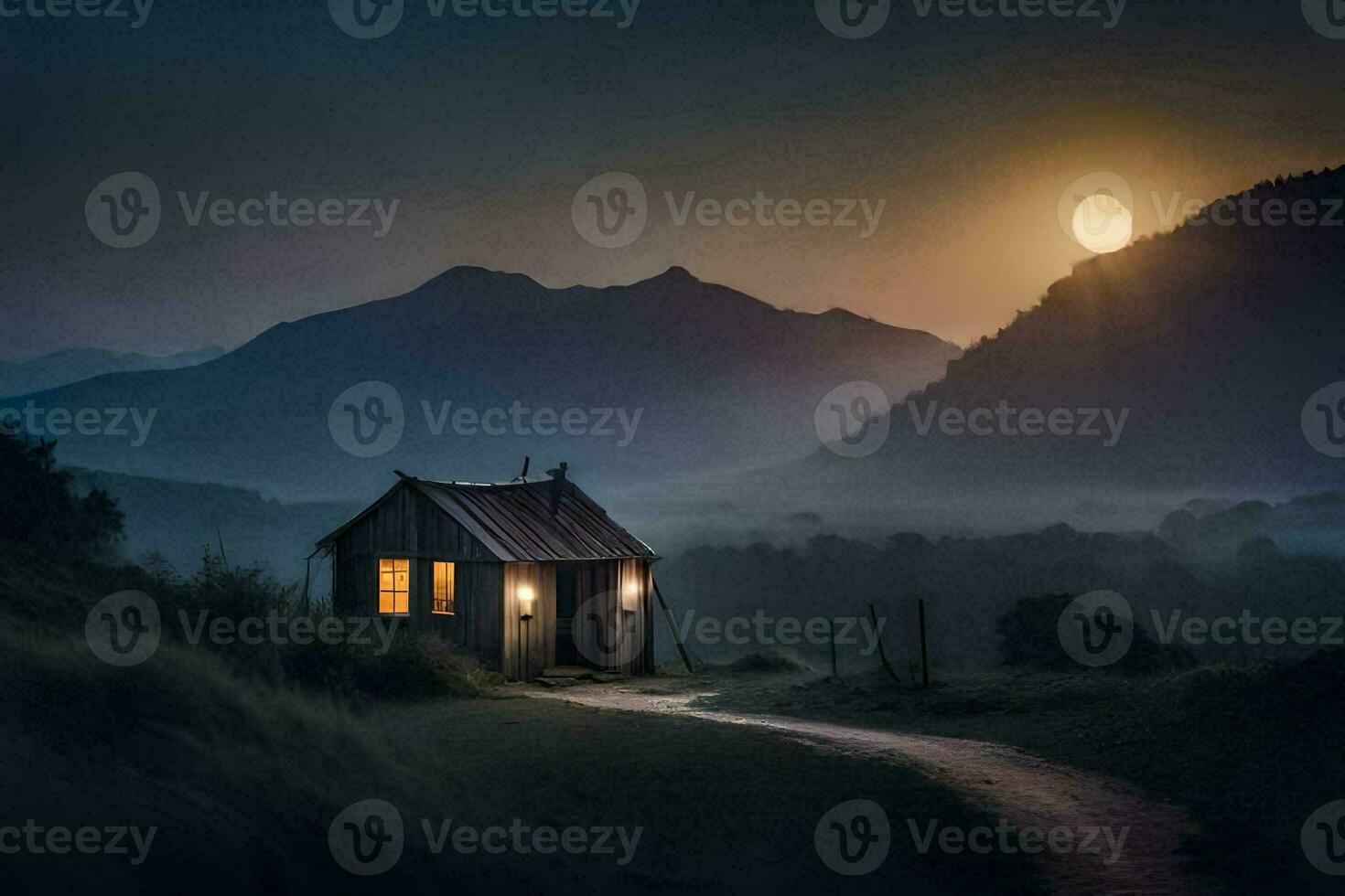 a small cabin in the middle of a field at night. AI-Generated photo