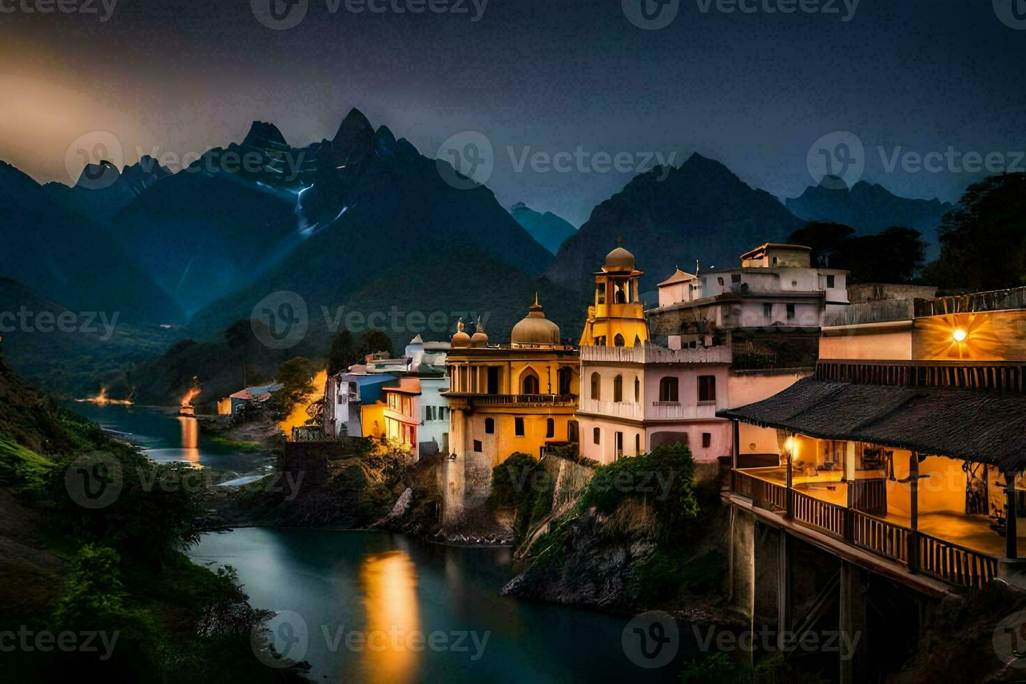 foto fondo de pantalla el cielo, montañas, río, India, el ciudad, el río, el. generado por ai