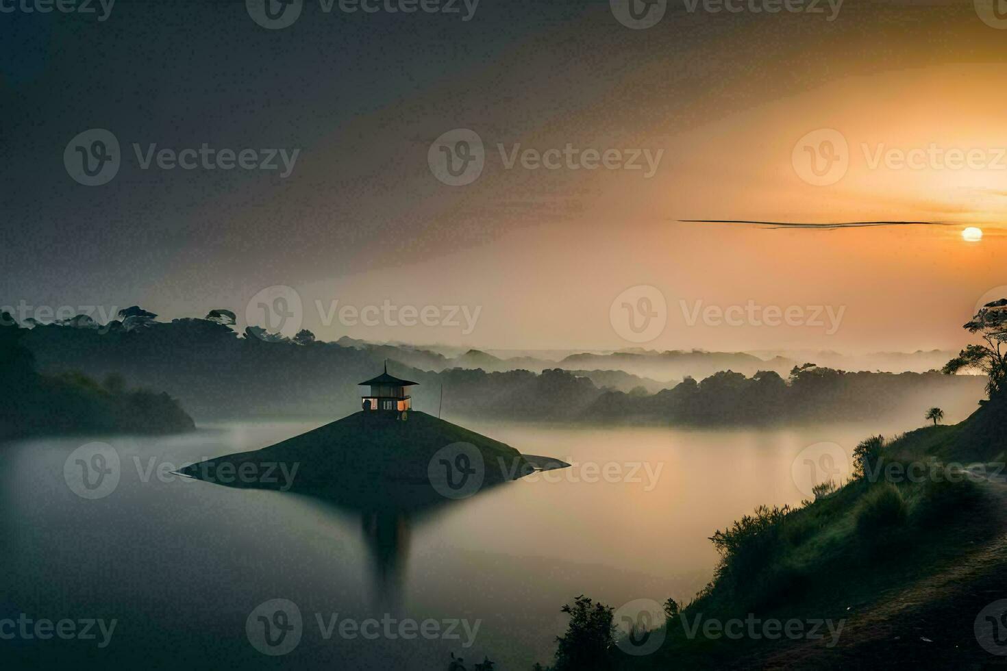 the sun rises over a lake and a small island. AI-Generated photo