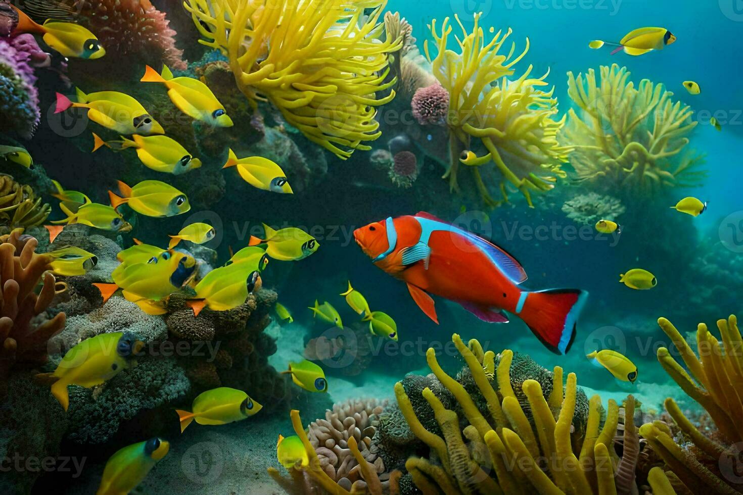 a colorful fish swims among anemones and corals. AI-Generated photo