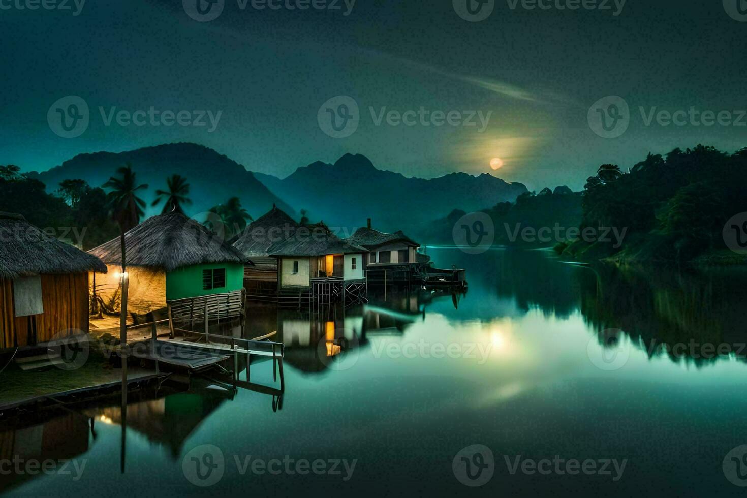 the moon rises over a river and some huts. AI-Generated photo