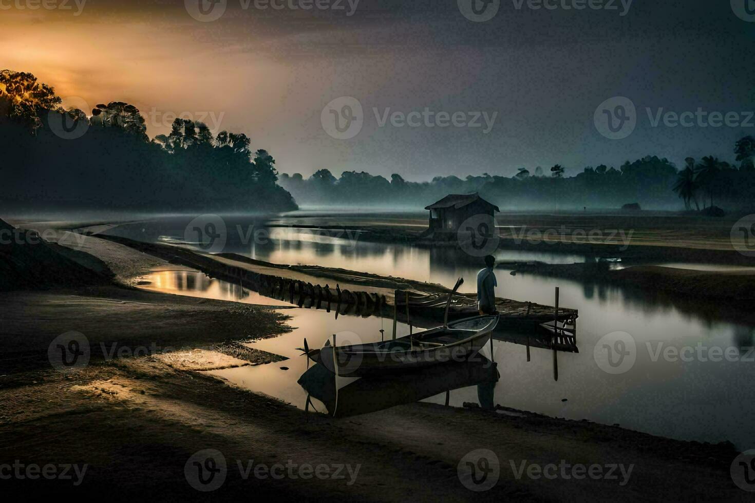a boat sits on the shore of a river at sunrise. AI-Generated photo