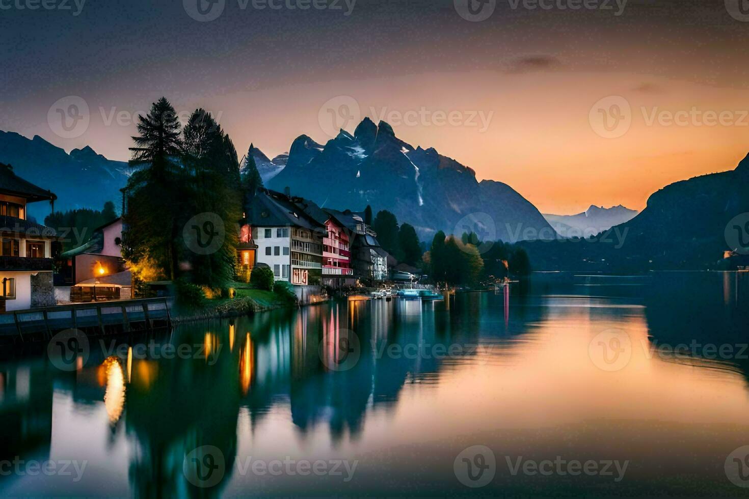 the sun sets over a lake and mountains in the background. AI-Generated photo