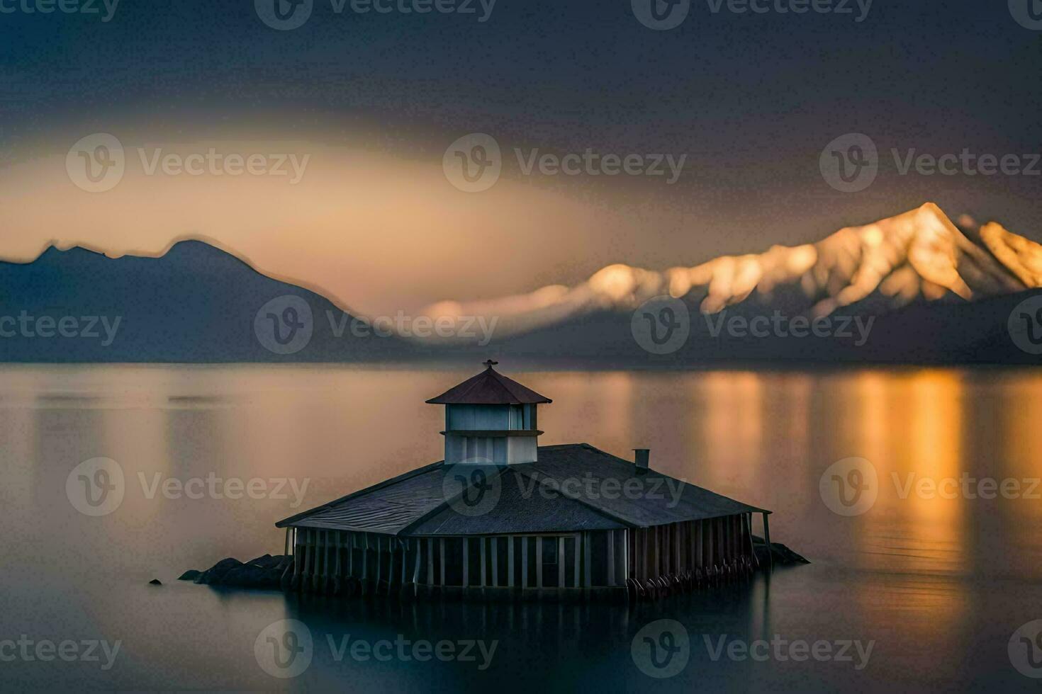 un faro se sienta en el apuntalar de un lago con montañas en el antecedentes. generado por ai foto