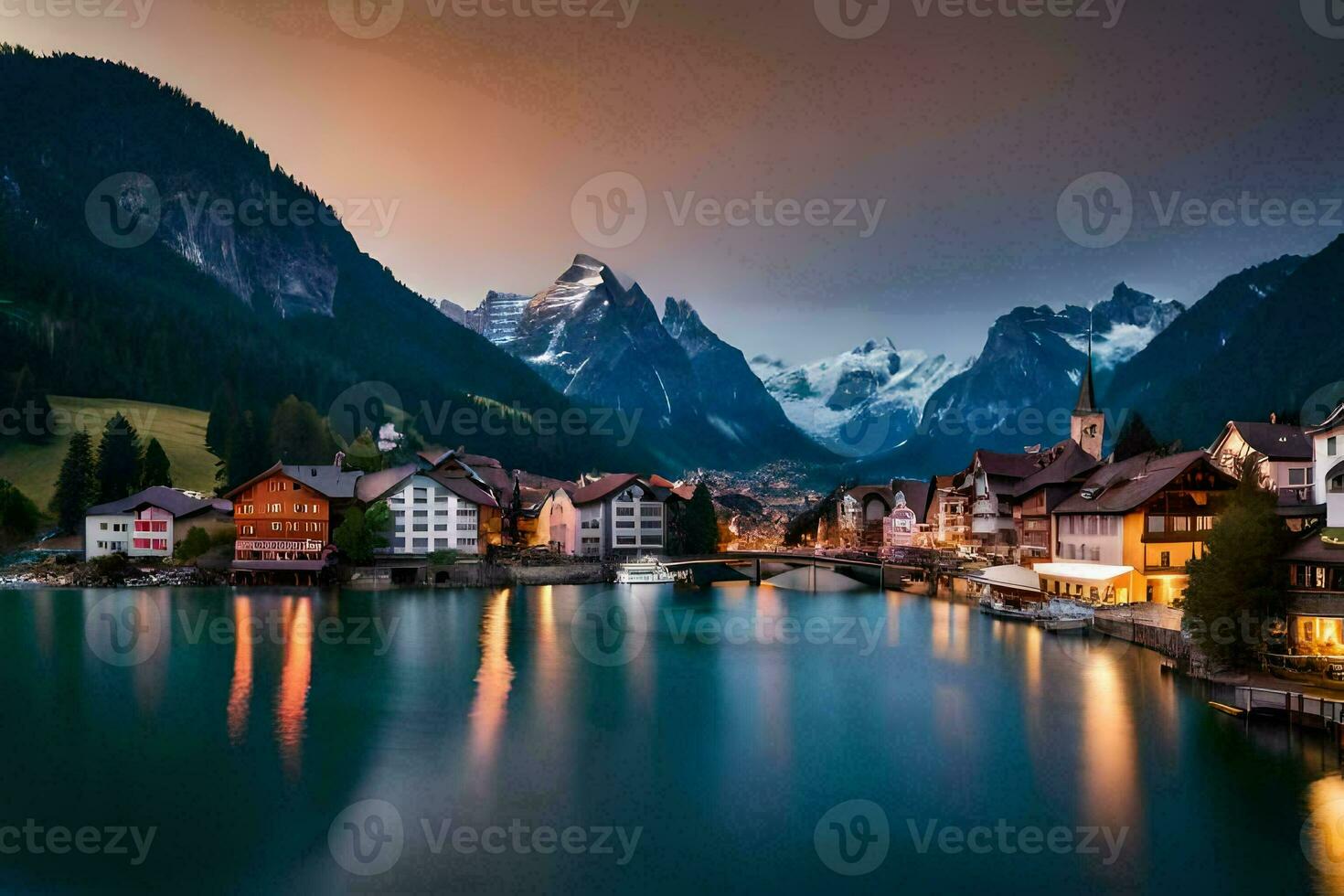 photo wallpaper the sky, mountains, lake, town, mountains, switzerland, lake, sw. AI-Generated