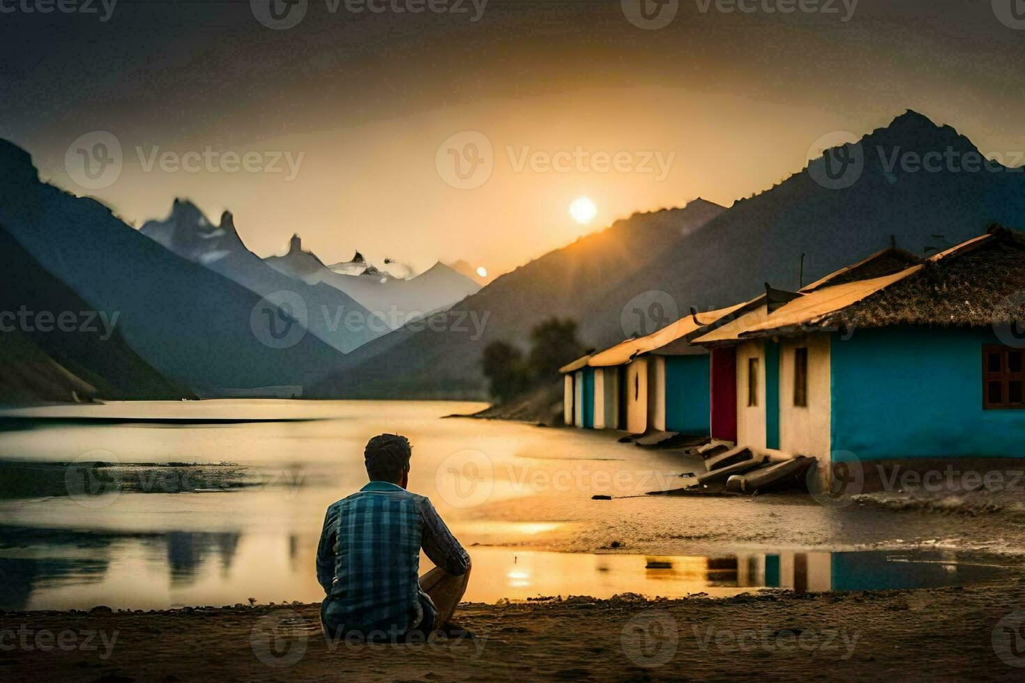 a man sits on the shore of a lake at sunset. AI-Generated photo