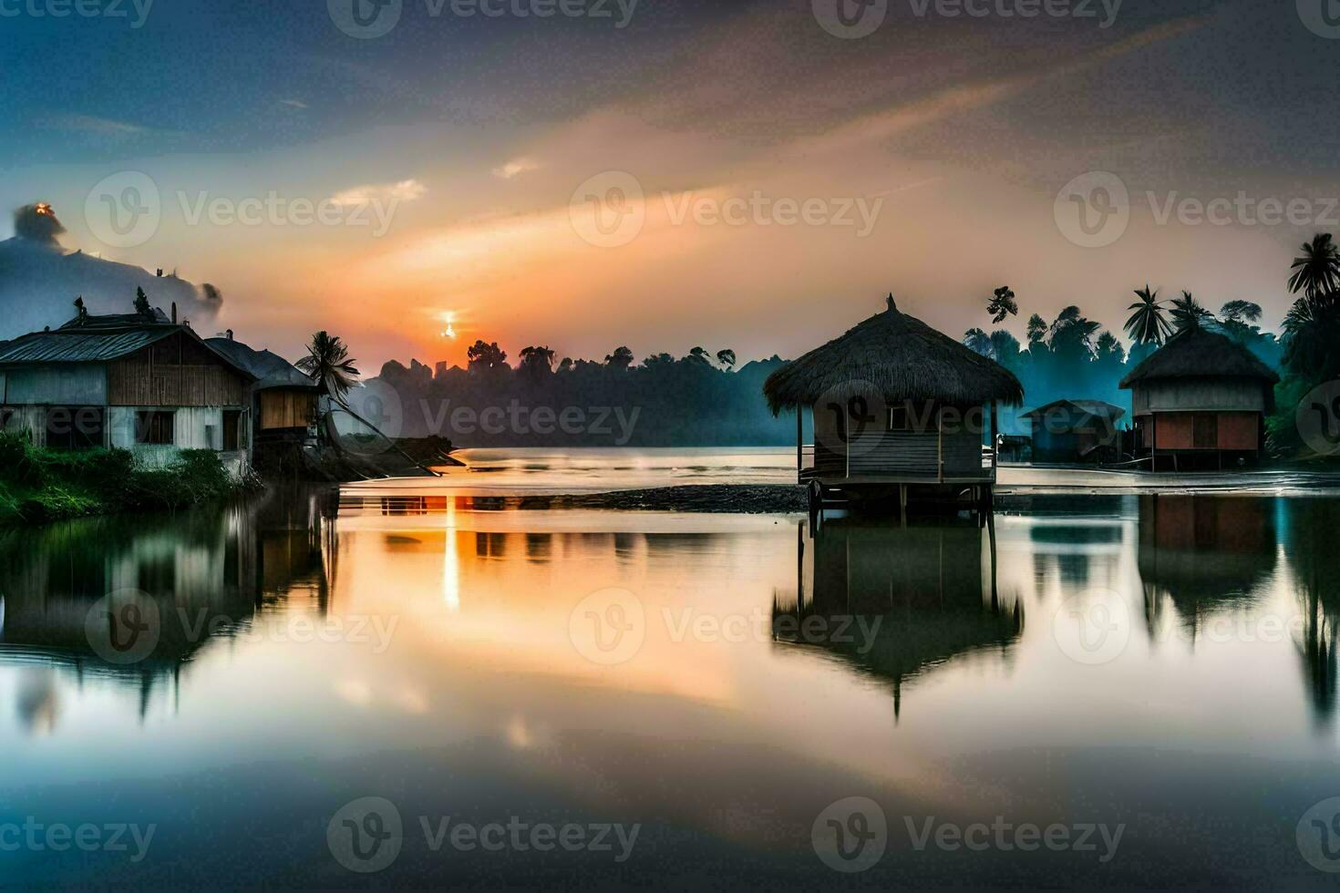 the sun rises over a lake and some huts. AI-Generated photo