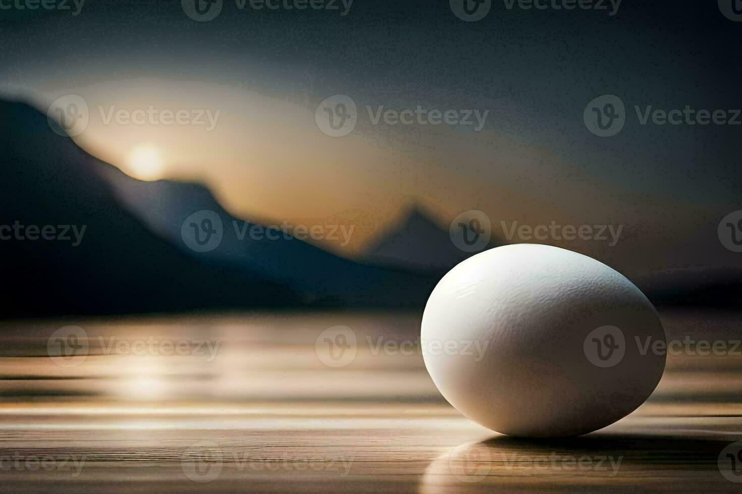 an egg on a table in front of a lake. AI-Generated photo