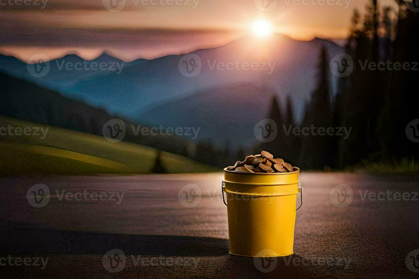 a bucket of nuts on the road at sunset. AI-Generated photo