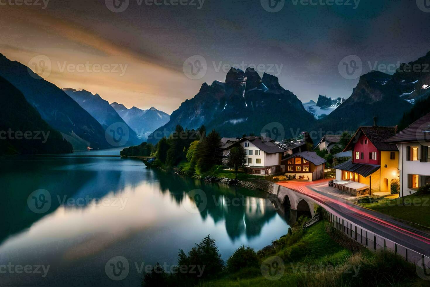 un hermosa puesta de sol terminado un lago y montañas. generado por ai foto