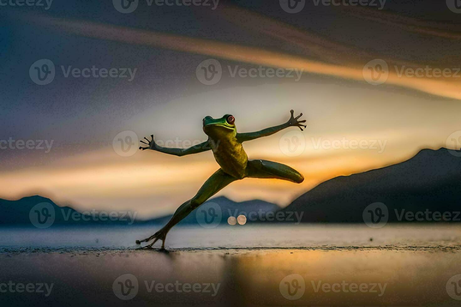 a frog jumping in the air at sunset. AI-Generated photo