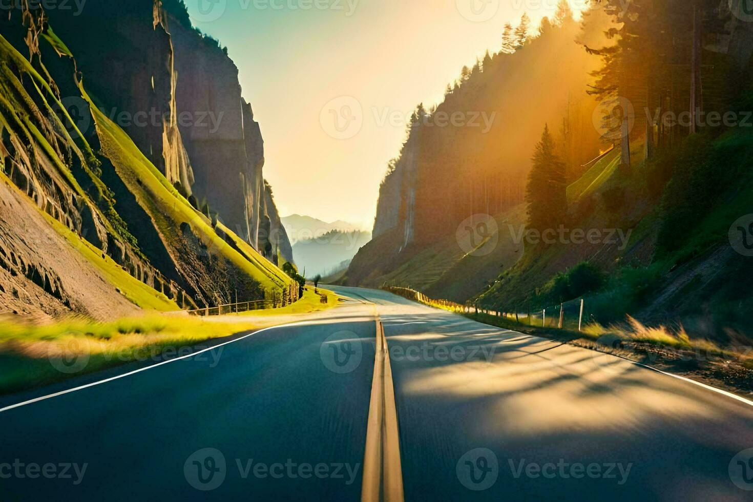 a road in the mountains with the sun shining. AI-Generated photo