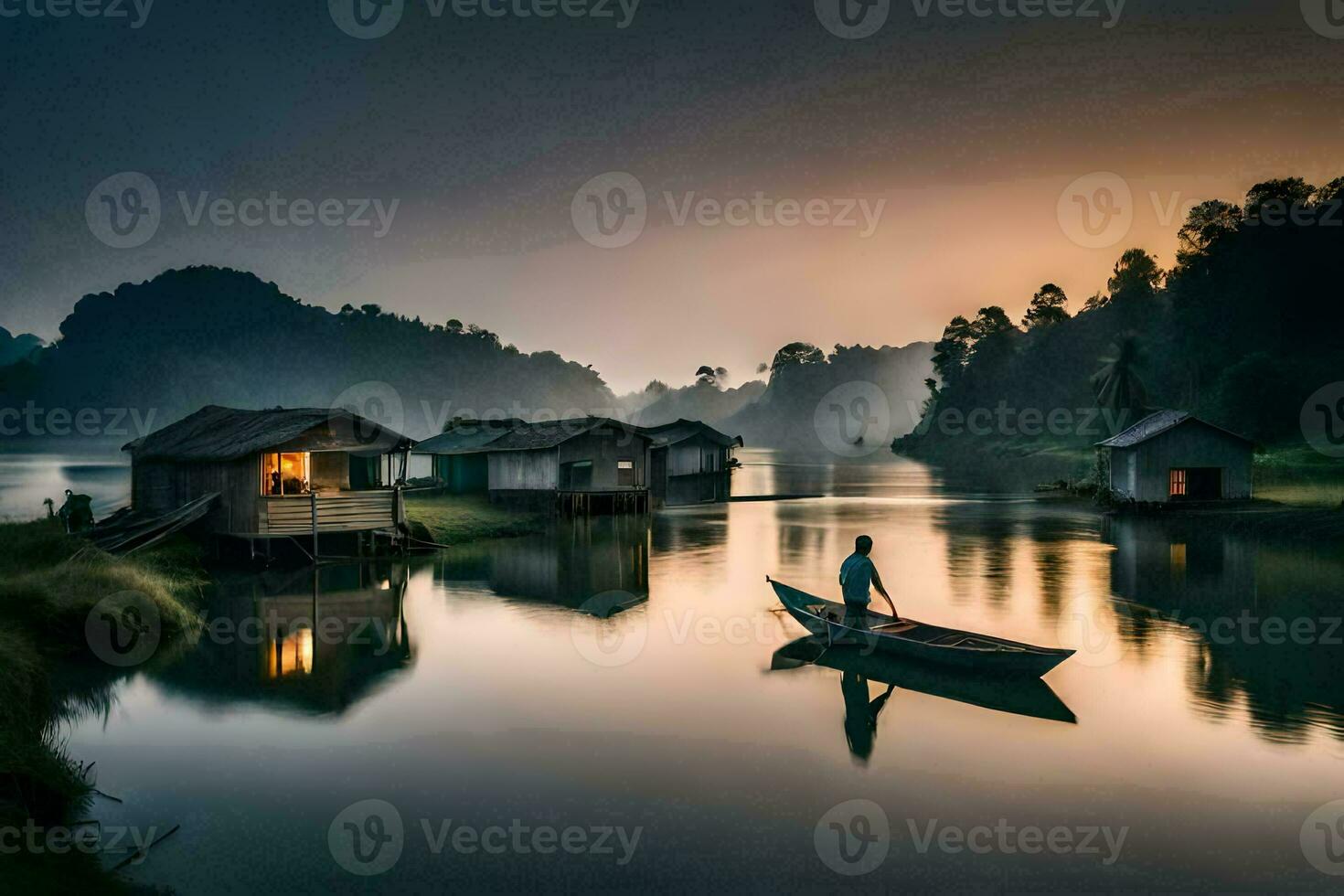 un hombre en un barco es en pie en el apuntalar de un lago. generado por ai foto