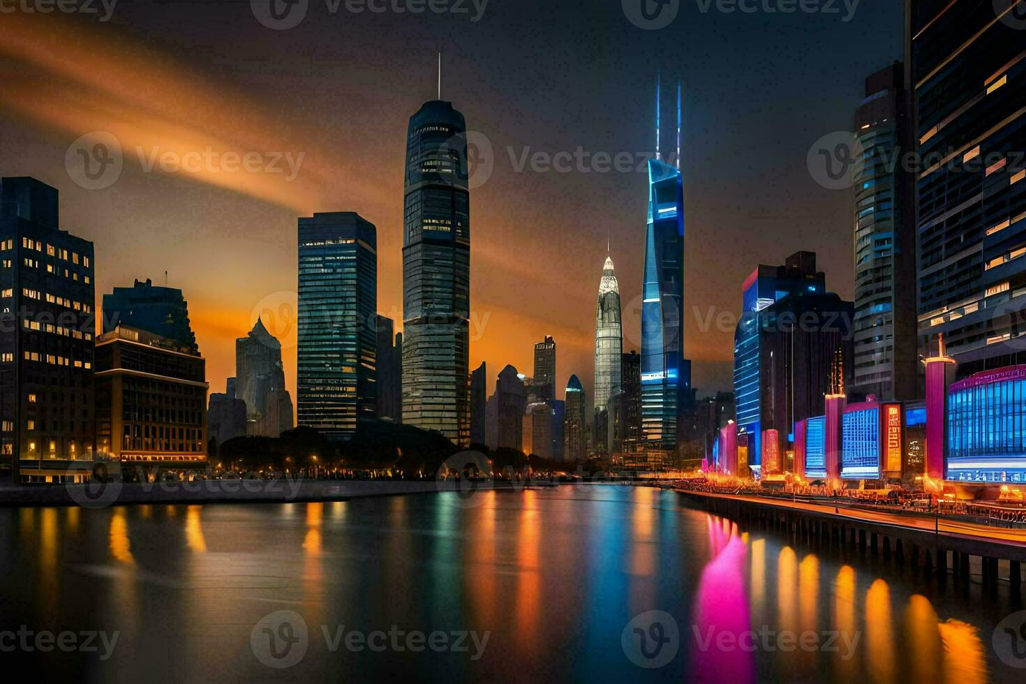 the city skyline at night with lights reflecting off the water. AI-Generated photo