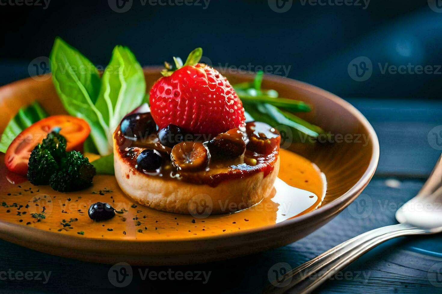 a plate with a dessert and strawberries. AI-Generated photo