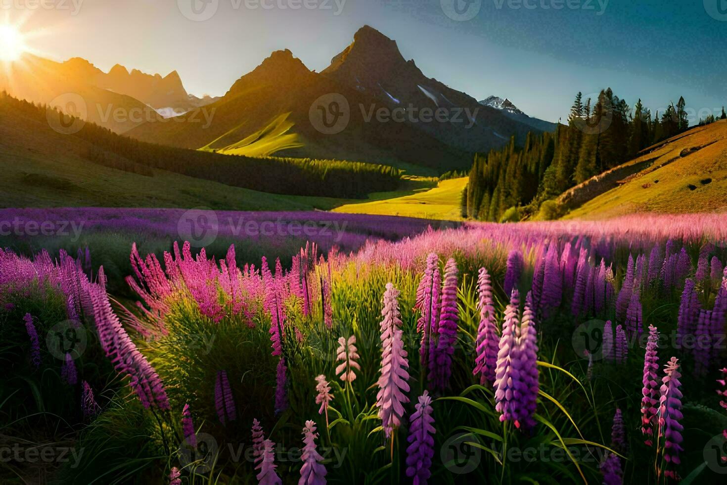 el Dom sube terminado el montañas y el lupino flores generado por ai foto