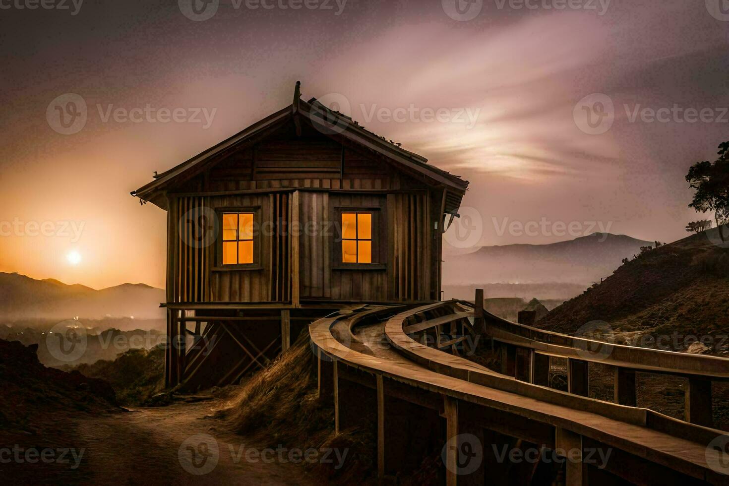 a wooden house sits on top of a hill at sunset. AI-Generated photo