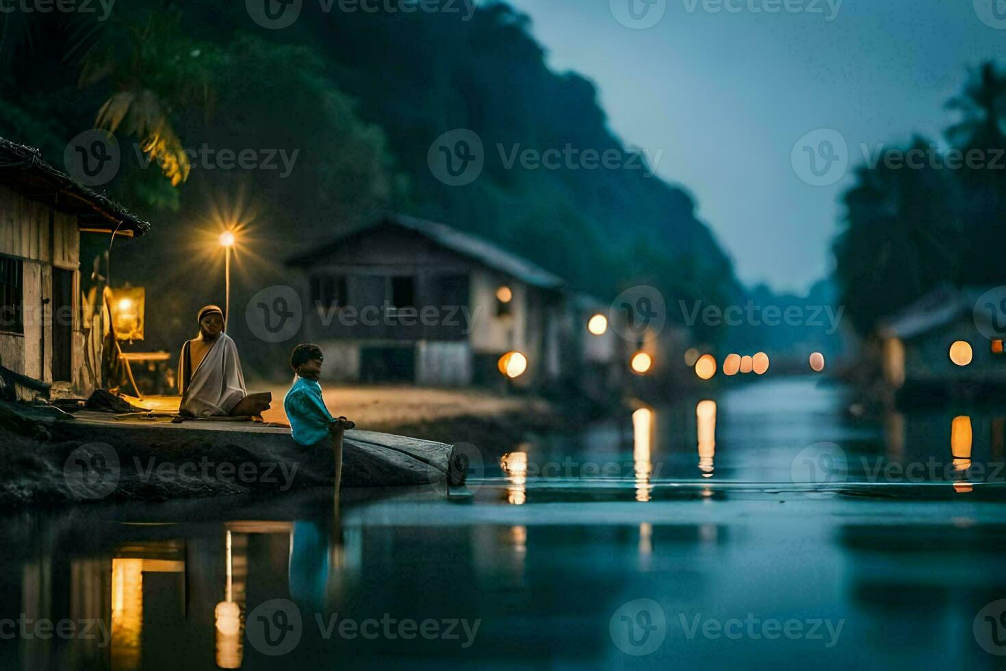 two people sit on a boat in the water at night. AI-Generated photo